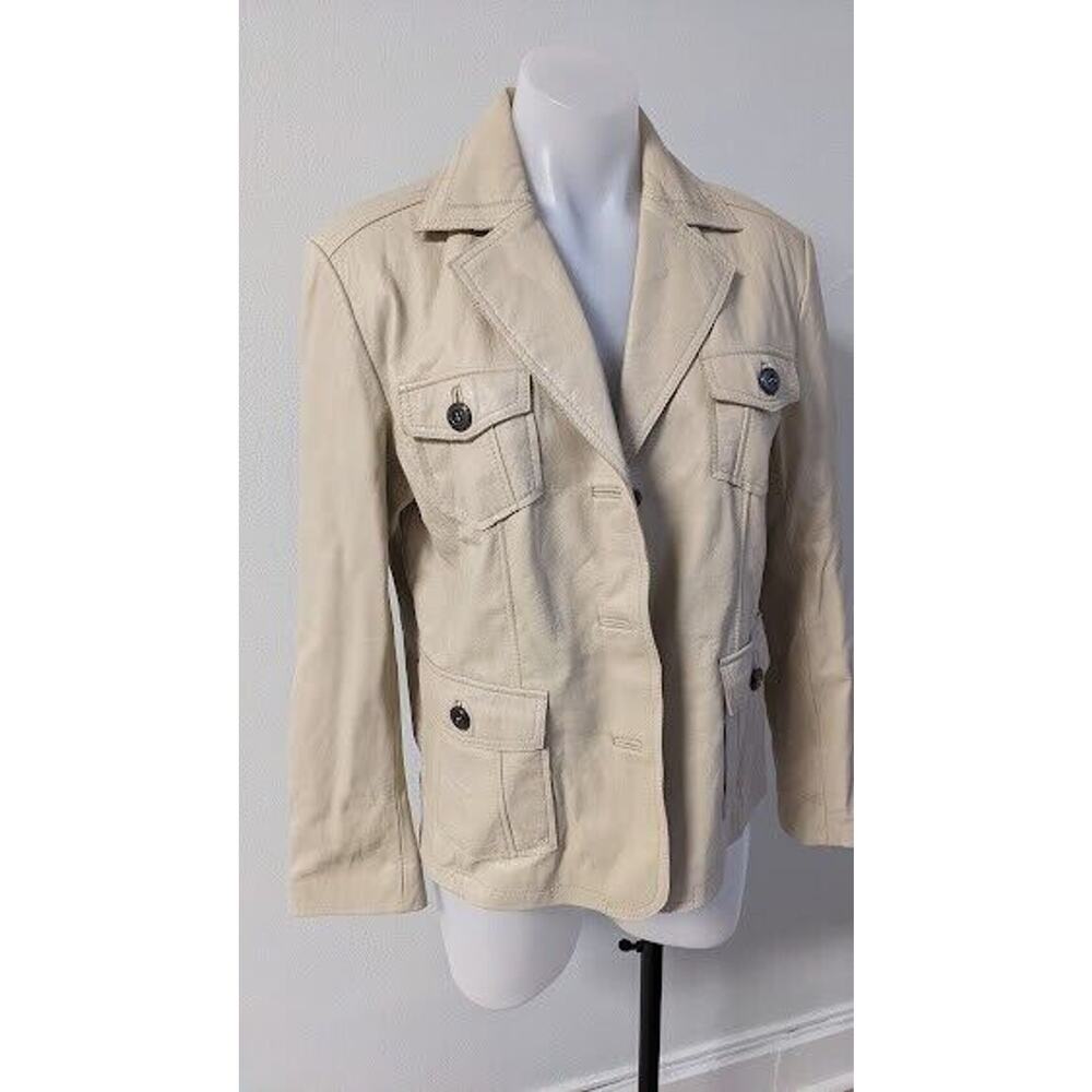 Chicos Womens Size 1 Leather Moto Jacket Tan Button Up Pockets - Picture 3 of 6